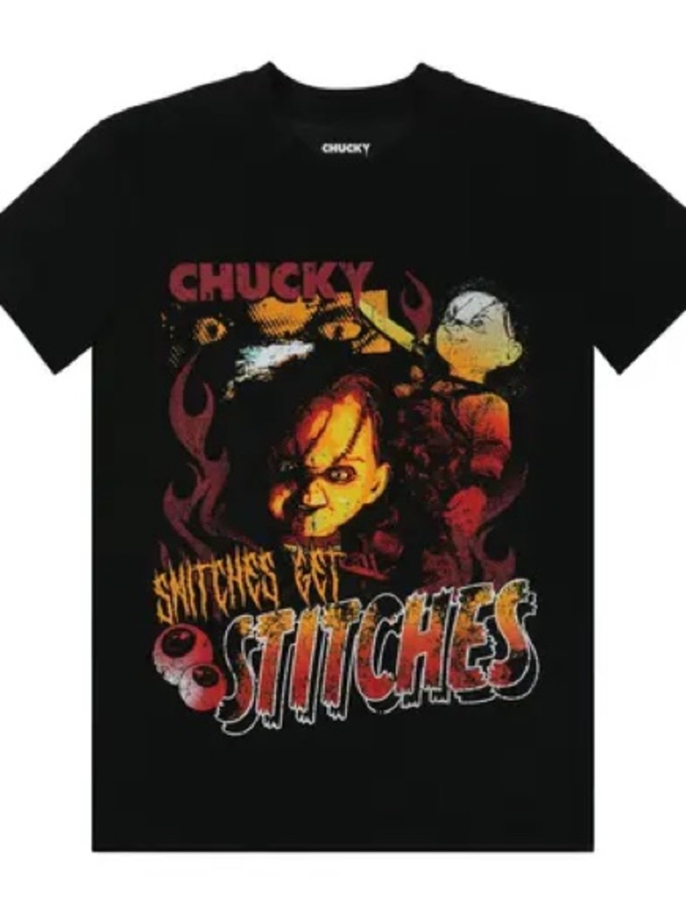 XL Chucky Snitches Get Stitches Graphic Tee Halloween Shirt